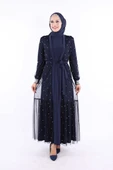 İncili Abaya Ve Elbise Takım 8491 Lacivert thumbnail 1