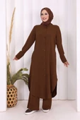 Düğmeli Cepli Tunik ve Pantolon İkili Takım 8682 Kahverengi thumbnail 1