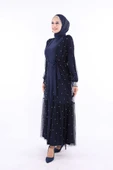 İncili Abaya Ve Elbise Takım 8491 Lacivert thumbnail 3