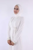 İncili Abaya Ve Elbise Takım 8491 Ekru - 5
