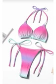 sky Ombre Baskılı Kadın Bikini Takımı Yan Bağlamalı Yüksek Kesim Alt, Esnek Polyester/Elastan Karışımı - 3