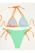 MİXED Dokulu Kumaş Kontrast Renkli 2 Parça Bikini, Boyun Askılı V-Yaka, Sırt Bağ Yüksek Kesim Mayo, - 3