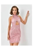 SHE WELLA SADE-ŞIK HARİKA UÇUK PEMBE PULLU ELBİSE BEL PENCERELİ - 3