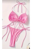 PİNK Tek Renk Bikini, Boyun Askılı Sırtı Açık Mayo, Kadın Yüzme Kıyafeti - 3
