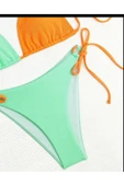 MİXED Dokulu Kumaş Kontrast Renkli 2 Parça Bikini, Boyun Askılı V-Yaka, Sırt Bağ Yüksek Kesim Mayo, - 2
