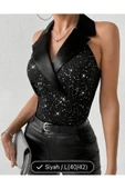 SUNA SİYAH SATEN YAKA KOLSUZ PLATİN BASKILI BODY - 2