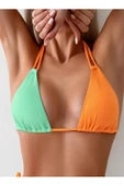 MİXED Dokulu Kumaş Kontrast Renkli 2 Parça Bikini, Boyun Askılı V-Yaka, Sırt Bağ Yüksek Kesim Mayo, - 4