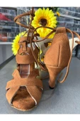 bitangosu Taba Renk Nubuk Deri 6 Cm Kadeh Topuklu Salsa - Bacata- Latin Ve Dans Ayakkabısı Bilekten Bağlama - 3