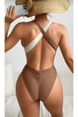 khaki boutique Şık Tek Parça Mayo İKİ RENKLİ KREM-BEJ - 4
