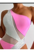 PİNK Yeni Şık Pembe Tek Parça Kadın Mayo, Batı Stiliyle Parlak Dopamin Patchwork'e Sahip - 5