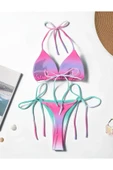 sky Ombre Baskılı Kadın Bikini Takımı Yan Bağlamalı Yüksek Kesim Alt, Esnek Polyester/Elastan Karışımı - 5