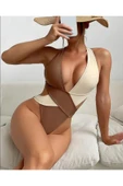khaki boutique Şık Tek Parça Mayo İKİ RENKLİ KREM-BEJ - 1