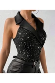SUNA SİYAH SATEN YAKA KOLSUZ PLATİN BASKILI BODY - 3