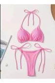 PİNK Tek Renk Bikini, Boyun Askılı Sırtı Açık Mayo, Kadın Yüzme Kıyafeti - 1