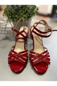 SUNA RUĞAN KIRMIZI 5 BANT TANGO, DANS VE ABİYE AYAKKABISI 8,5 CM 13 PONT TOPUK BOYU thumbnail 5