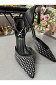 BYSLÇ SHOES TAŞLI TOPUK SİYAH SATEN KAPALI TOPUK TAŞLI ABİYE AYAKKABI - 1