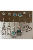 Silver bohem etnik tarzı kadınların şık sarkık küpeler ve çivi seti, gümüş renkli çok parçalı set thumbnail 4