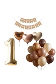 1 Yaş Retro Kahverengi Ten Deniz Kumu Balon Krem Karamel Bej Kalp Krem Rakamlı Doğum Günü Balon Seti - 1