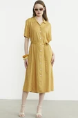 Düğmeli Midi Boy Gömlek Elbise - Hardal - 1
