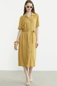Düğmeli Midi Boy Gömlek Elbise - Hardal - 2