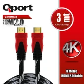 Qport Q-HDMI33  3m 2.0V 4K Altın Uçlu Örgülü Kablo - 1
