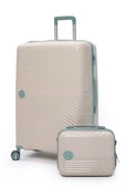 Elatae Exclusive Pro Polipropilen Kırılmaz 2'li Valiz Seti Büyük Boy ve Makyaj 2'li Set Bej - Mavi 5239 thumbnail 1