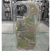 iPhone 12 Uyumlu 3D Kabartmalı Şeffaf Silikon Kılıf Kalp Desenli Kamera Korumalı Sert Kapak - 1