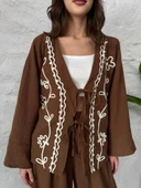 Kahve Nakış İşlemeli Müslin Kimono - 2