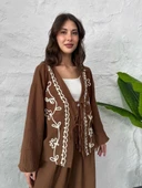 Kahve Nakış İşlemeli Müslin Kimono - 1