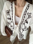 Krem Nakış İşlemeli Müslin Kimono - 4