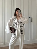 Krem Nakış İşlemeli Müslin Kimono - 2