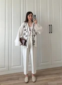 Krem Nakış İşlemeli Müslin Kimono - 1