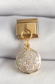 316L Çelik Gold Renk Sallantı Zirkon Taşlı Yonca Model Nomination Charm - TJ-BC1340 - 1
