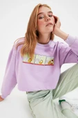 Lila Lisanslı Garfield Baskılı Crop Örme İnce Sweatshirt - 2