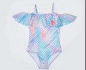 Varak pul baskılı volanlı kız çocuk mayo - 1