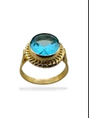 Oval Aquamarine Doğal Taş ve El İşçiliği 14 Ayar Altın Yüzük - 2