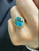 Oval Aquamarine Doğal Taş ve El İşçiliği 14 Ayar Altın Yüzük - 1