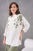 Kadın Nakış İşlemeli Keten Oversize Düğmeli Gömlek - 8
