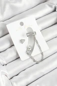 Pirinç Üçgen Figürlü Zirkon Taşlı Gümüş Renk 3'lü Kıkırdak Kadın Küpe Set - EBJ250530W34484 - 1