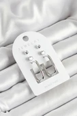 Pirinç Zirkon Taş Ve Dikdörtgen Figürlü Gümüş Renk 3'lü Çift Kadın Küpe Set - EBJ250530W34471 - 1