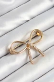 Zirkon Taş Detaylı 3D Fiyonk Figürlü Gold Renk Kadın Broş - EBJ250530W34438 - 1