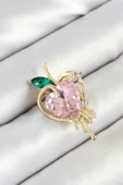 Pembe Ve Yeşil Zirkon Taşlı 3D Eriyen Kalp Figürlü Gold Renk Kadın Broş - EBJ250530W34434 - 1