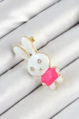 Zirkon Taş Detaylı Beyaz Ve Pembe 3D Tavşan Figürlü Kadın Broş - EBJ250530W34432 - 1