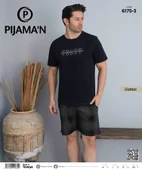 Pijamoni Erkek Bisiklet Yaka Kısa Kol Şortlu Pijama Takımı 6175/3 - 1 Adet  Siyah M - 2