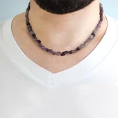 Nipora Silver Renk Metal Zincirli Amorf Ametist Doğaltaş Erkek Kolye - 2