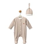 Çizgili Şapkalı Ünisex Bebek Tulumu, İnterlok Kumaş , Çıt çıtlı Uzun kollu Patikli Tulum Seti - 2
