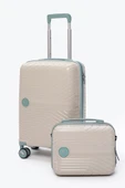 Elatae Exclusive Pro Polipropilen Kırılmaz 2'li Valiz Seti Kabin Boy ve Makyaj 2'li Set Bej - Mavi 5239 thumbnail 1