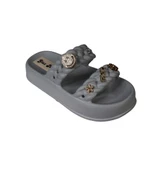 YAZKIŞ Kadın Siyah Krem Yeşil Gri Çift Bantlı Üzeri Taşlı Kauçuk Deniz Plaj Havuz Terlik thumbnail 6