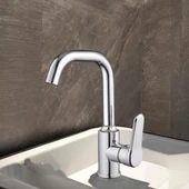 LAVABO BATARYASI KROM BANYO LAVABO MUSLUK AĞIR PRİNÇ GÖVDE DÖNER BORU MODERN LÜKS ARMATÜR GÜMÜŞ GRİ - 2