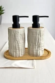 Tilbe Home 2li Bambu Detaylı Sıvı Sabunluk Seti 500ml Hands Dishes Mutfak Banyo Taş Figürlü Bambu Stantlı Set - 2